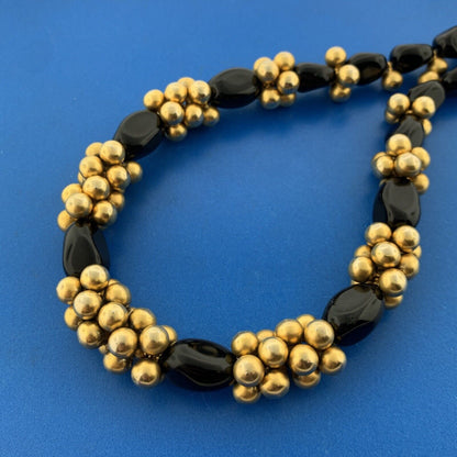 Haute Couture Runway Quality Black Onyx Gold Tone Metal Beads Statement Necklace