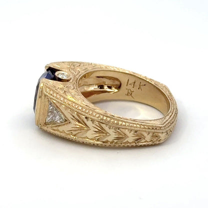 Designer 14K Yellow Gold Round Amethyst Diamond Floral Vintage Filigree Ring