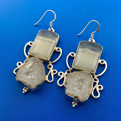 Sterling Silver 925 Banded Agate Grey Druzy Quartz Statement Dangle Earrings