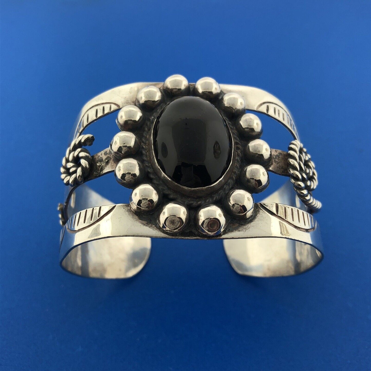 Estate Mexico 925 Sterling Silver Oval Black Onyx Concho Statement Cuff Bracelet