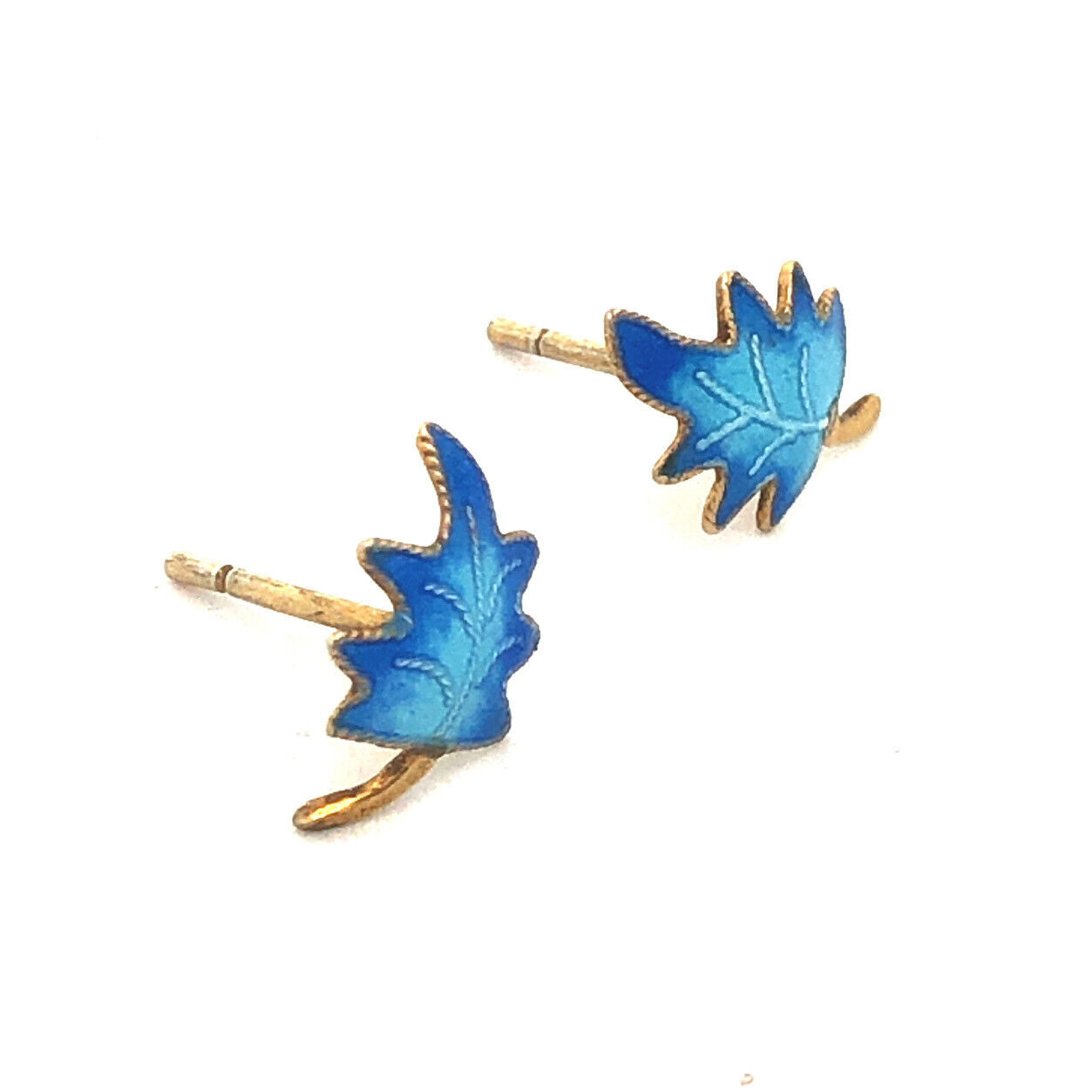 Vintage 925 Sterling Silver Vermeil Blue Enamel Leaf Nature Stud Earrings