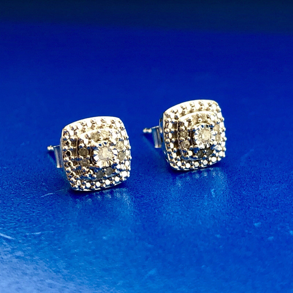 Elegant Sterling Silver 925 Diamond Three Tier Square Cluster Stud Earrings