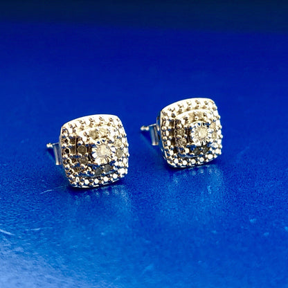Elegant Sterling Silver 925 Diamond Three Tier Square Cluster Stud Earrings
