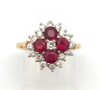 Estate Designer 18K Yellow Gold Ruby Diamond Flower Cluster Cocktail Ring