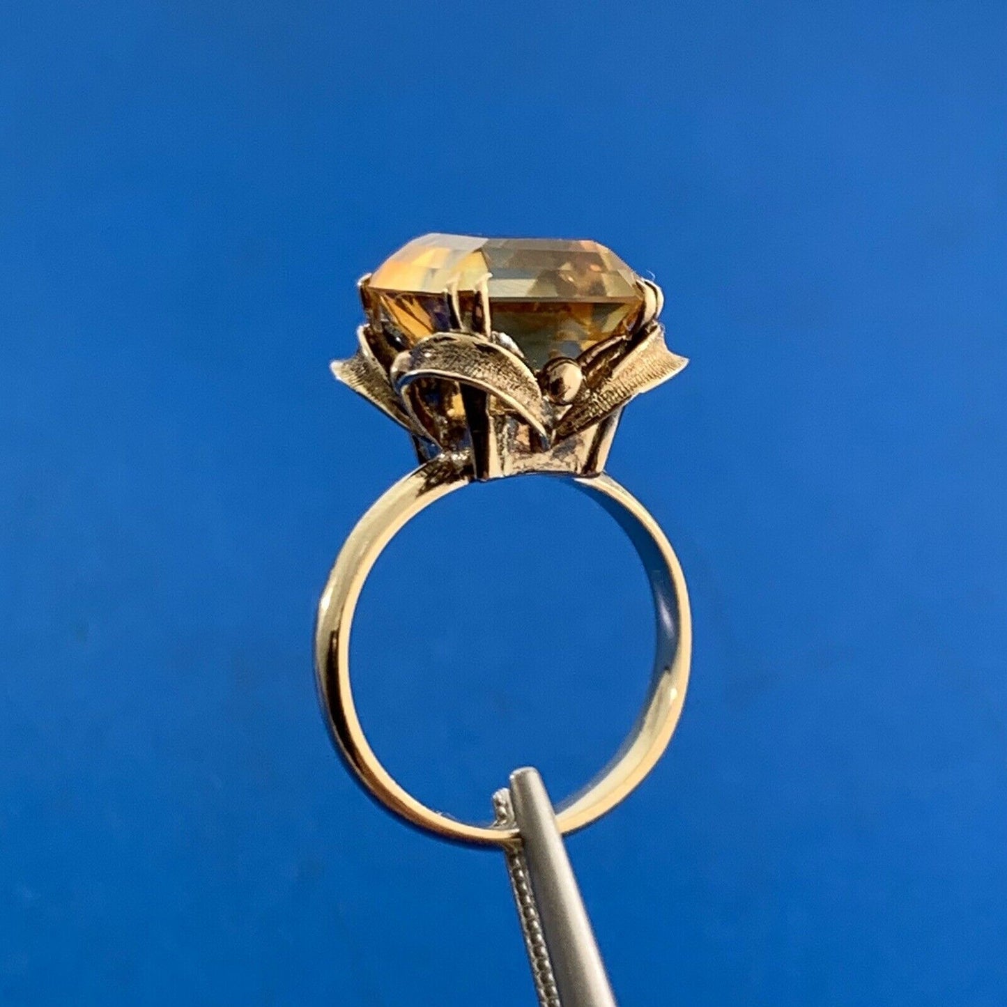 Vintage 14K Yellow Gold Emerald Cut Citrine Solitaire Cocktail Ring