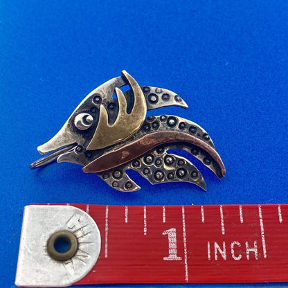 Artisan 925 Sterling Silver Brass Copper Textured Modernist Angel Fish Earrings