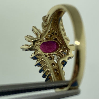 Vintage 14K Yellow Gold Oval Ruby Diamond Accented Cluster Bypass Cocktail Ring