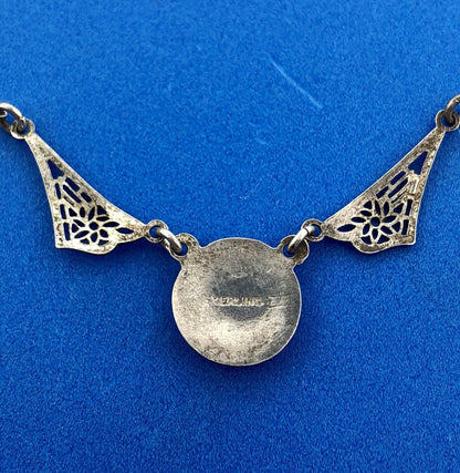 Victorian Sterling Silver 925 Guilloche Enamel Rose Filigree Childs Necklace