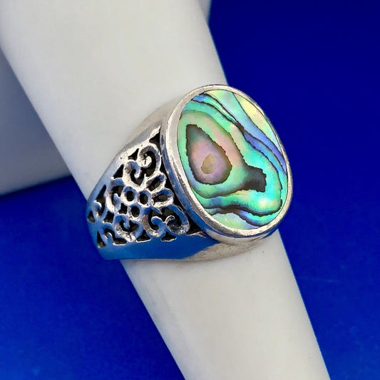 Designer NF 925 Sterling Silver Abalone Shell Cabochon Open Scroll Dome Ring