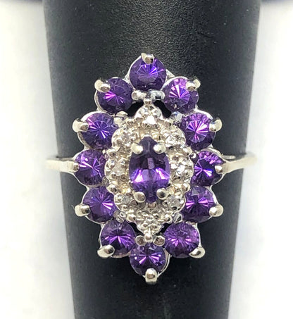 Estate 10K White Gold Amethyst Diamond Accented Statement Cocktail Ring