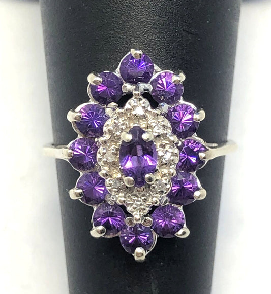 Estate 10K White Gold Amethyst Diamond Accented Statement Cocktail Ring