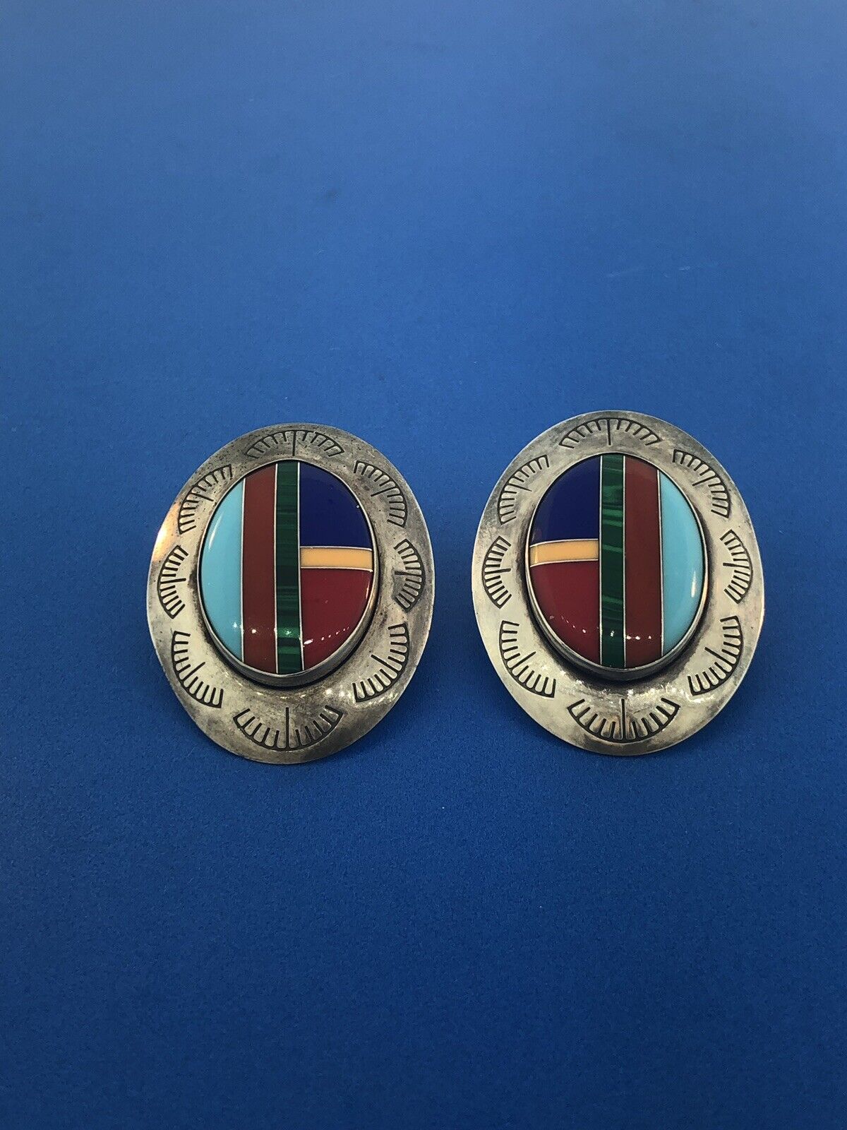 Native American Artisan Sterling Silver Turquoise MultiGem Inlay Concho Earrings