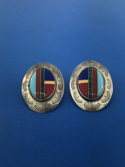 Native American Artisan Sterling Silver Turquoise MultiGem Inlay Concho Earrings