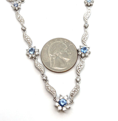 Blue and White Cubic Zirconia 925 Sterling Silver Flower Stations Necklace