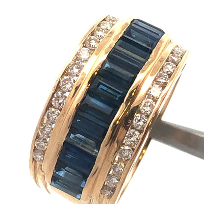 Vintage 14K Yellow Gold Sapphire Diamond Wedding Anniversary Wide Band Ring