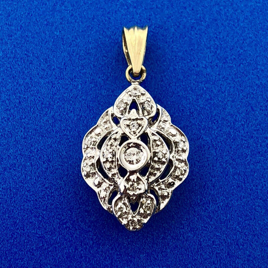 Vintage Art Deco Style 10k Yellow White Gold Diamond Pendant