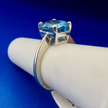 14K White Gold Emerald Cut Blue Topaz Solitaire Statement December Occasion Ring