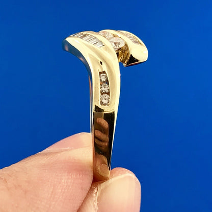 Retro Modernist 14K Yellow Gold Diamond Trio Accented Bypass Anniversary Ring