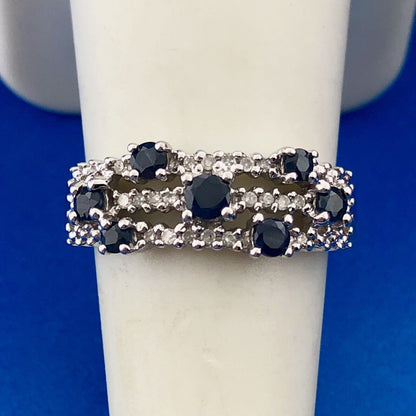 Designer Samuel Aaron THL 10K White Gold Sapphire Diamond Three Row Band Ring