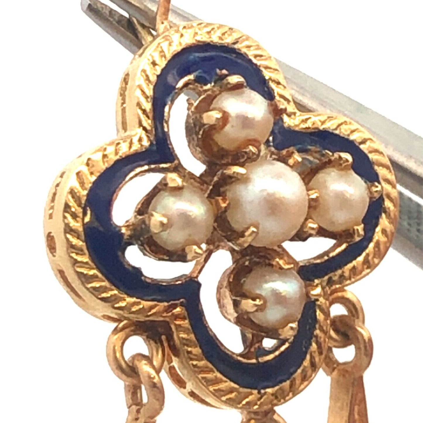 Estate 14K Yellow Gold Round Pearl Blue Enamel Drop Dangle Pendant