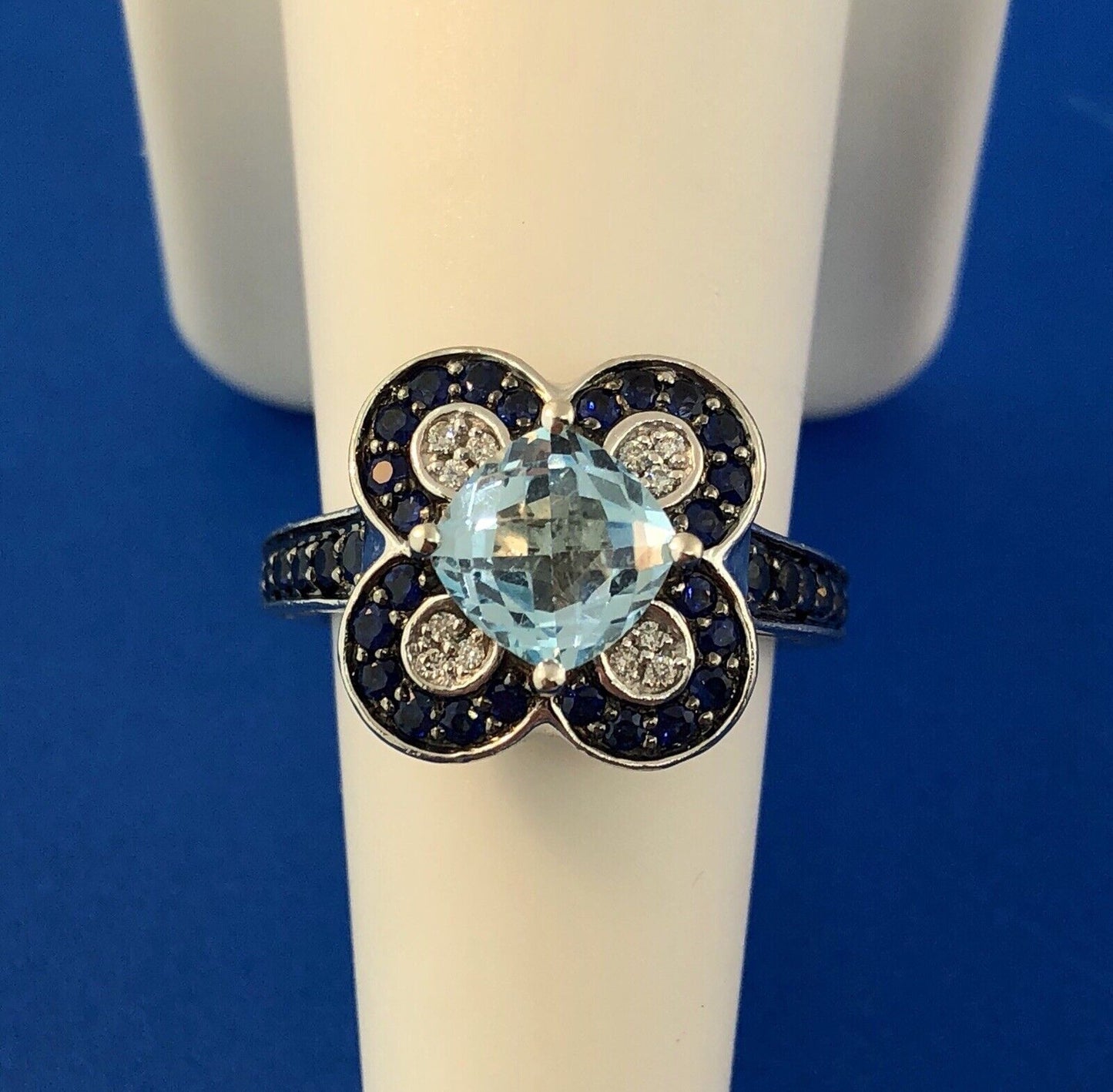 Le Vian 14K White Gold Blue Topaz Diamond Sapphire Flower Cluster Cocktail Ring