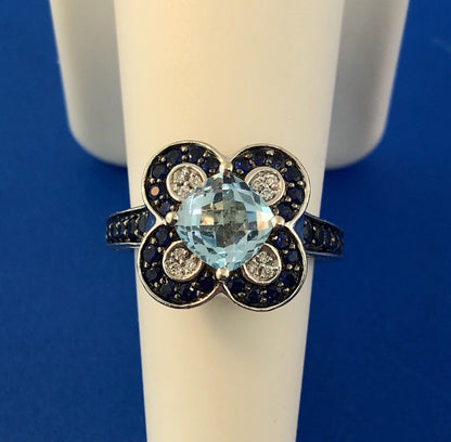 Le Vian 14K White Gold Blue Topaz Diamond Sapphire Flower Cluster Cocktail Ring