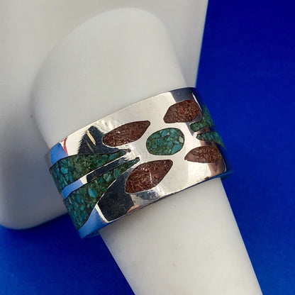 Men's Sterling Silver 925 Turquoise Red Coral Spiderweb Inlay Wide Band Ring