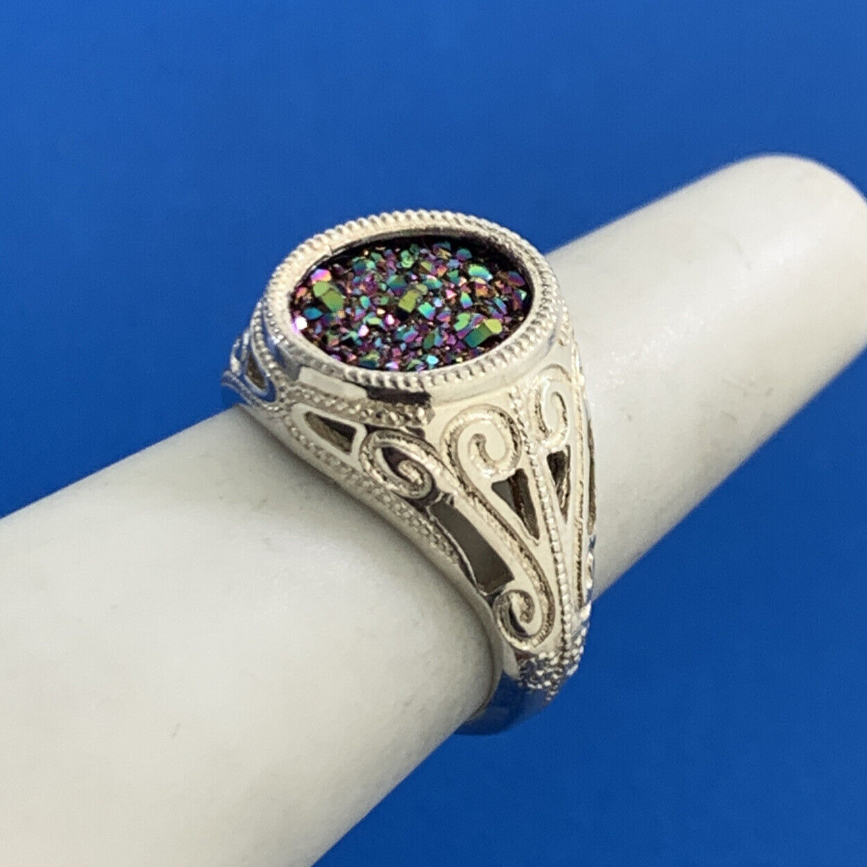 Estate 925 Sterling Silver Drusy Quartz Scroll Open Work Cocktail Ring