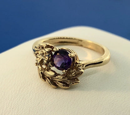 Art Deco 14K Yellow Gold Amethyst Floral Leaf Grecian February Anniversary Ring