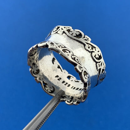 Designer PZ Israel 925 Sterling Silver Floral Scroll Wide Cigar Band Ring