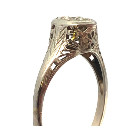 Art Nouveau Art Deco 14K White Gold Diamond Solitaire Filigree Engagement Ring
