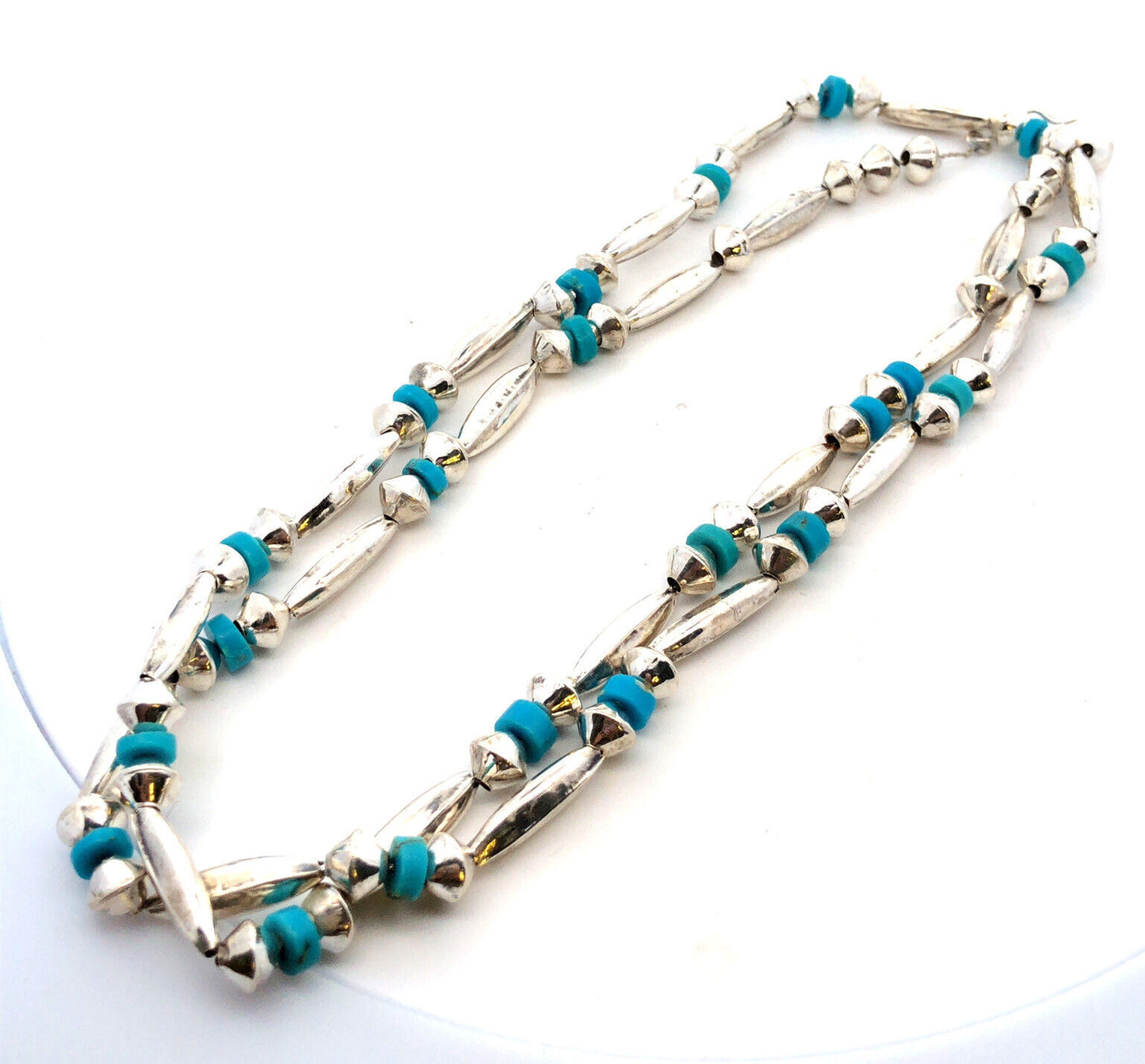 Vintage Native American Old Pawn 925 Sterling Silver Turquoise Beaded Necklace