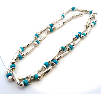Vintage Native American Old Pawn 925 Sterling Silver Turquoise Beaded Necklace