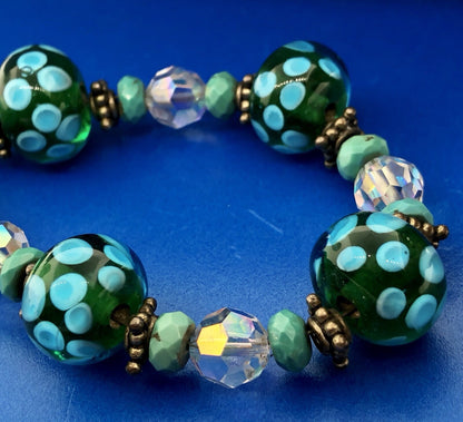 Vintage 925 Sterling Silver Turquoise Art Glass Crystal Bead Toggle Bracelet
