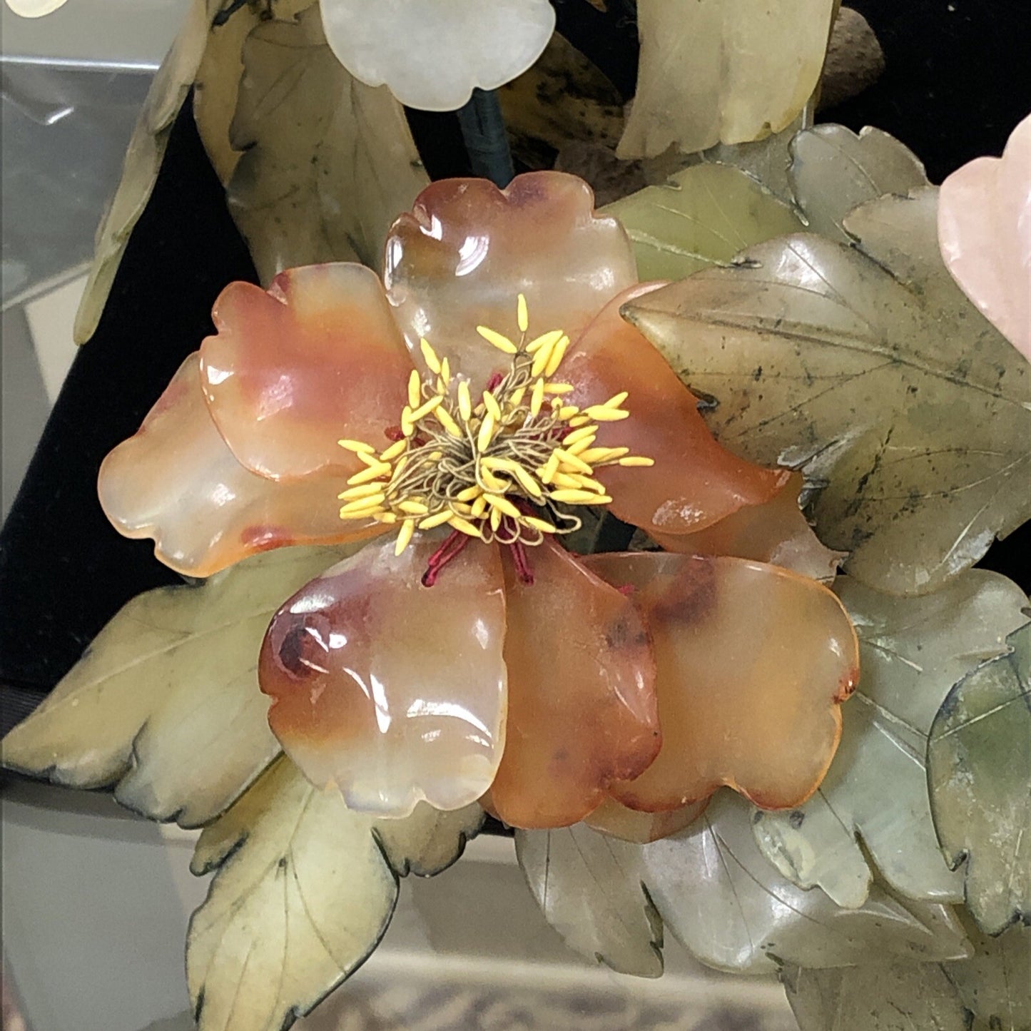 Vintage Green Jade Rose Agate Carnelian Carved Flowering Magnolia Branch Tree