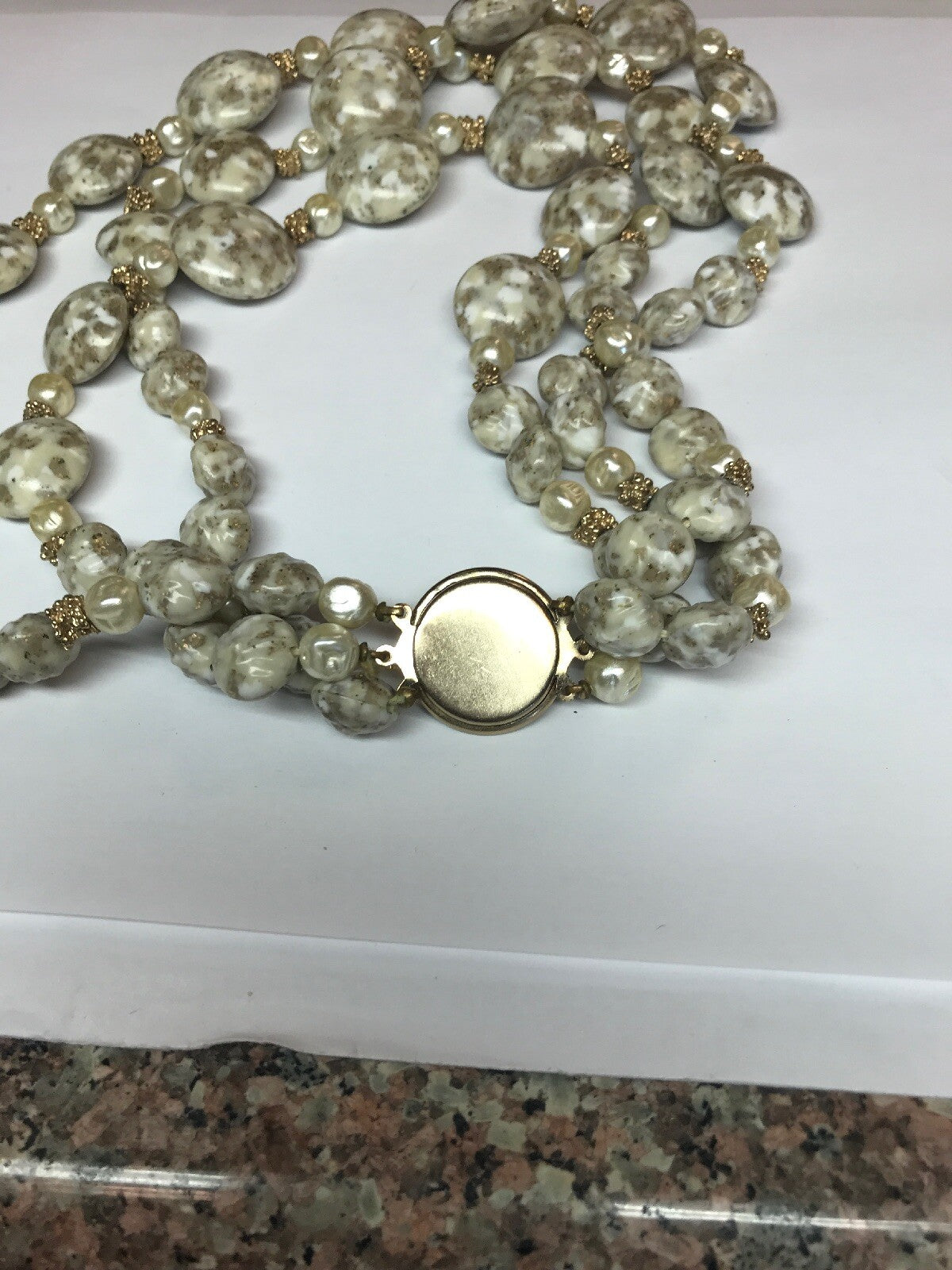 Vintage Gold Tone Pearl Nugget Lucite Faux Agate Bead Three Strand Drop Necklace