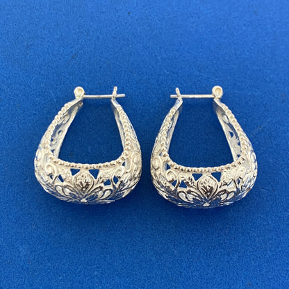 Silver Plated Floral Vine Scroll Open Work Statement Pear Hoop Earrings