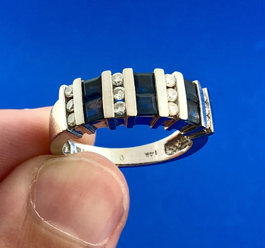 Retro Designer 14K White Gold Diamond Sapphire Channel Set Tapered Band Ring