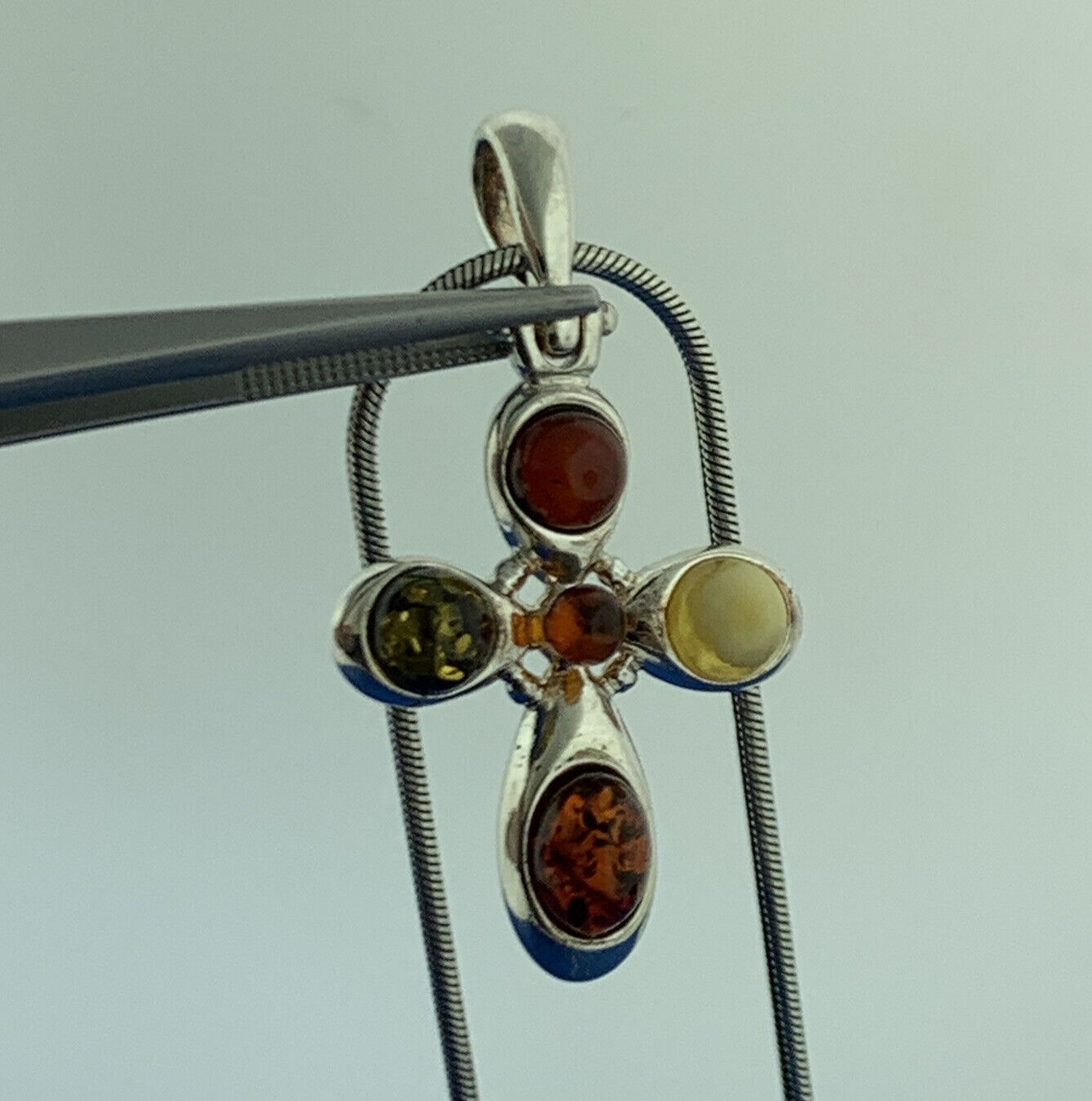 Designer 925 Sterling Silver Amber Modernist Cross Religious Pendant Necklace