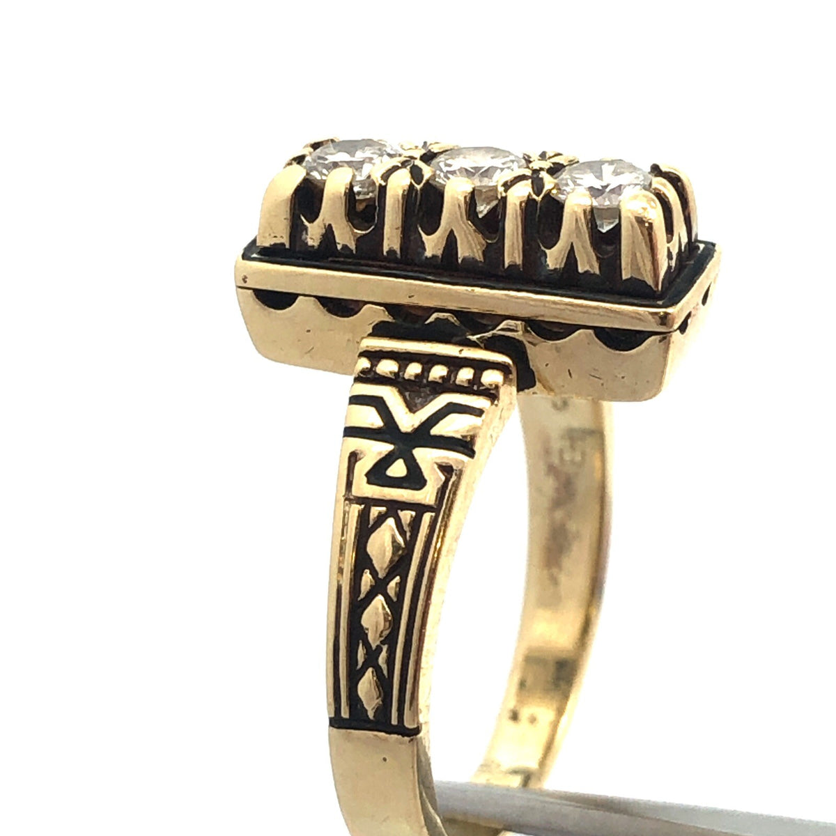 Custom Art Deco 14K Yellow Gold Diamond Trio Engagement Anniversary Ring