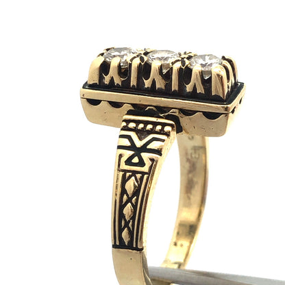 Custom Art Deco 14K Yellow Gold Diamond Trio Engagement Anniversary Ring
