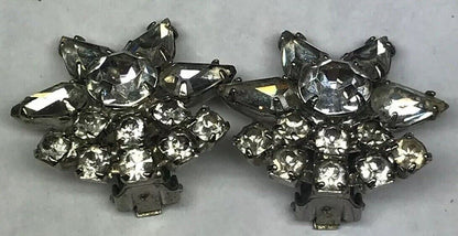 Vintage Art Deco Crystal Rhinestone Flower Cluster Bridal Cocktail Clip Earrings