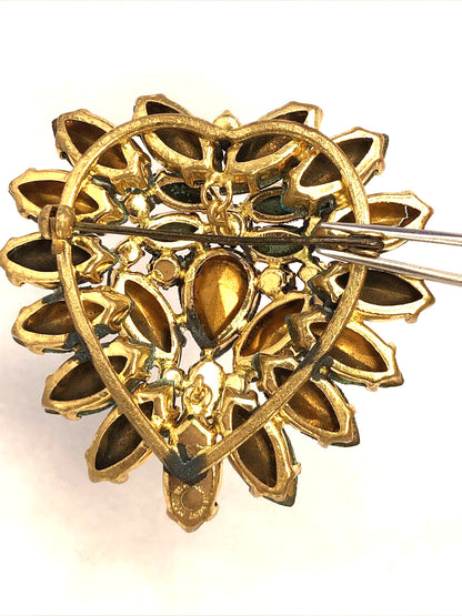 Vintage West Germany Blue Rhinestone Gold Tone Statement Earrings & Brooch Set
