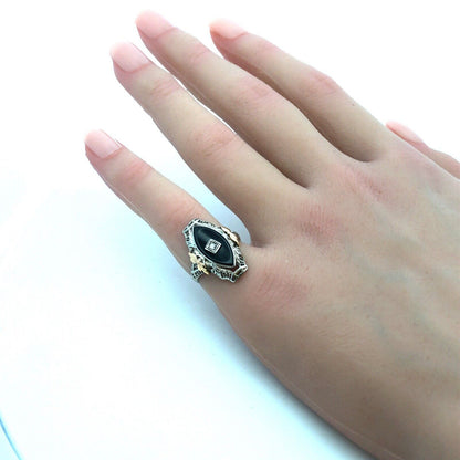 Vintage 14K White Yellow Gold Two Tone Black Onyx Diamond Art Deco Oval Ring