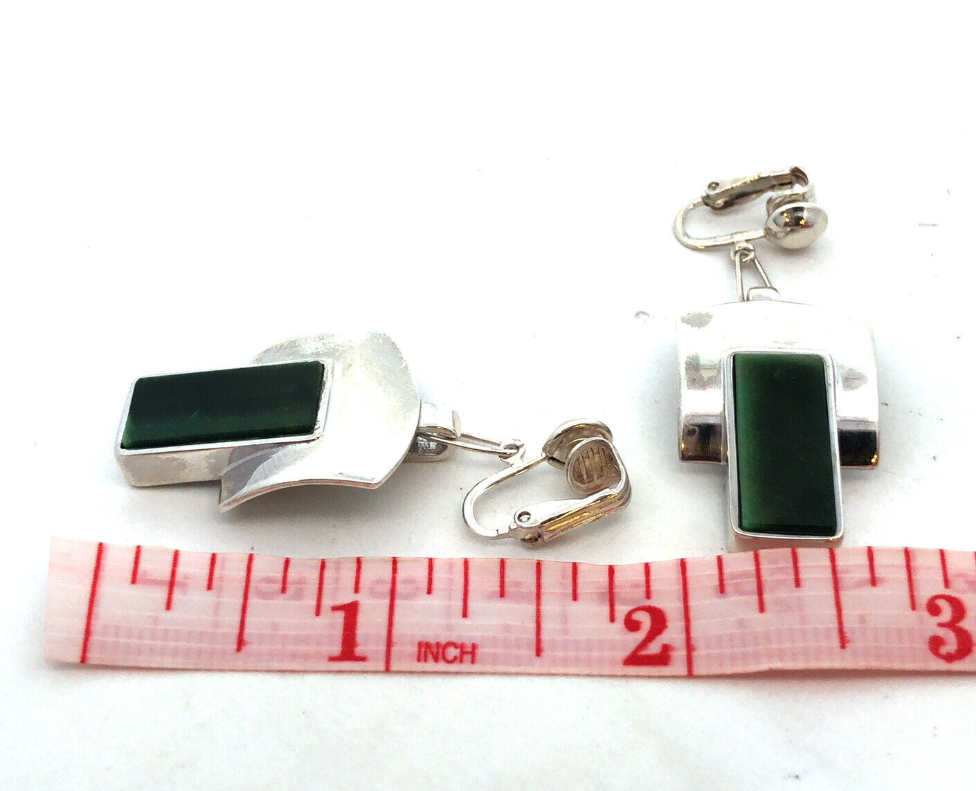 Designer Sterling Silver Chrysoprase Panel Modernist Statement Clip On Earrings