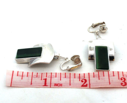 Designer Sterling Silver Chrysoprase Panel Modernist Statement Clip On Earrings