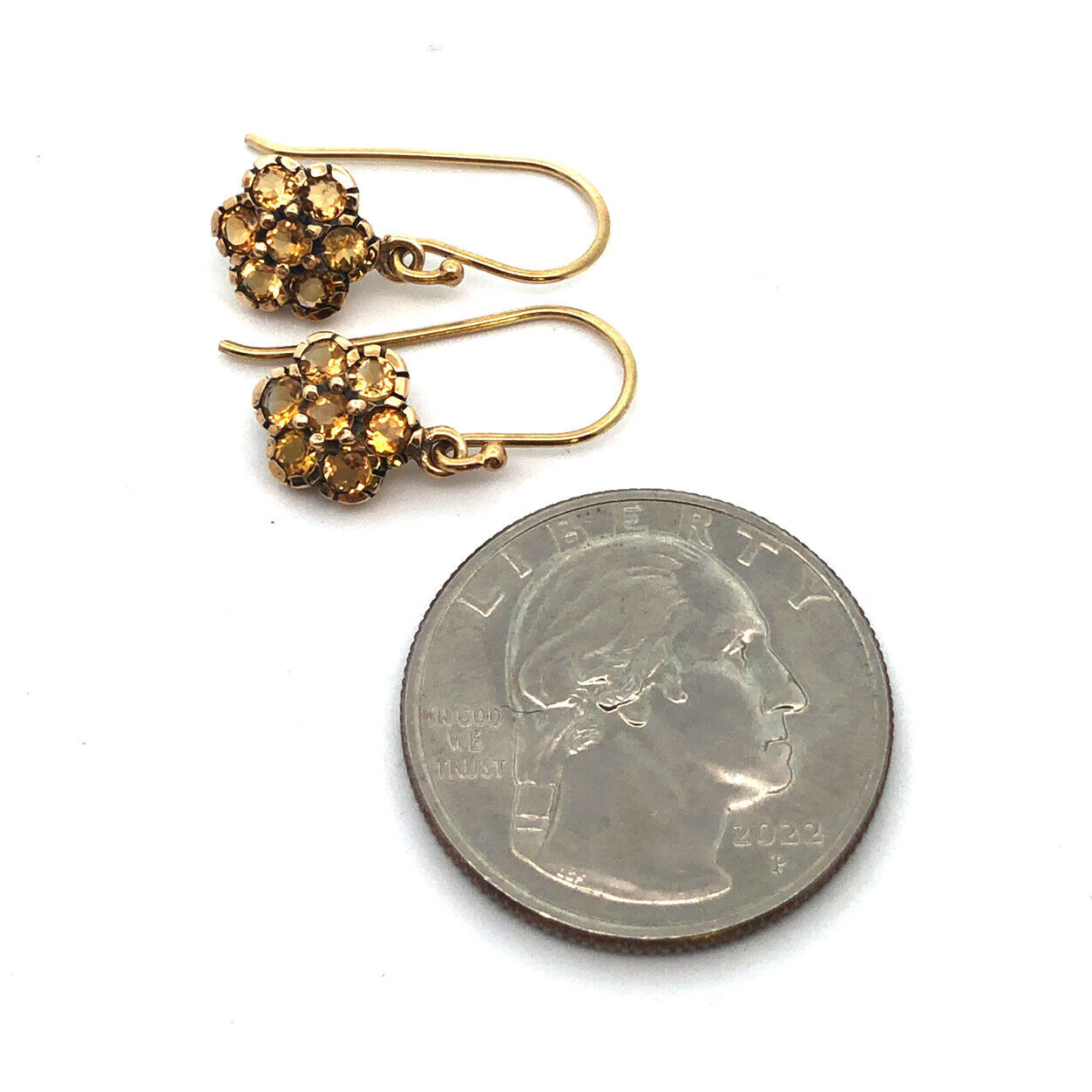 Vintage 14K Yellow Gold Round Citrine Flower Dangle Hook Earrings