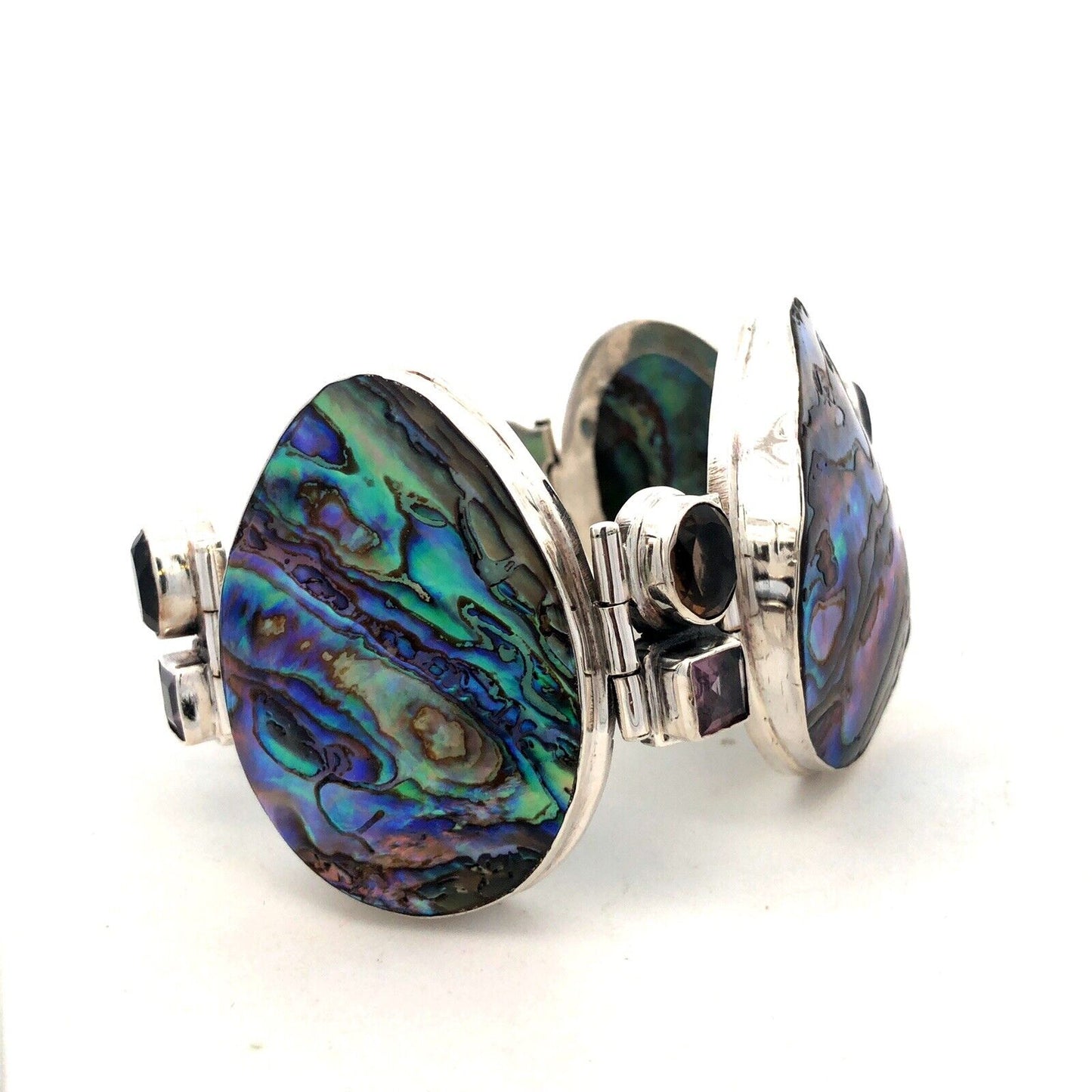 Modernist 925 Sterling Silver Abalone Amethyst Smoky Topaz Statement Bracelet