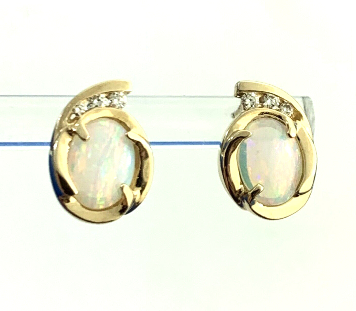 Designer 14K Yellow Gold Oval Opal Diamond Accented Stud Earrings