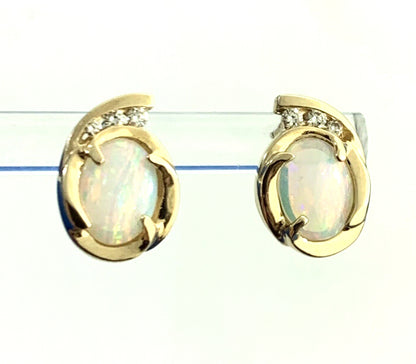 Designer 14K Yellow Gold Oval Opal Diamond Accented Stud Earrings